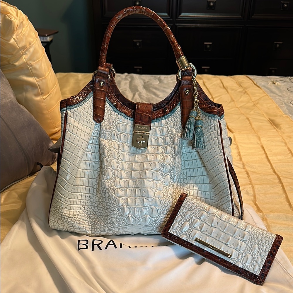 Brahmin Cream and Brown Crocodile Embossed Shoulder Bag